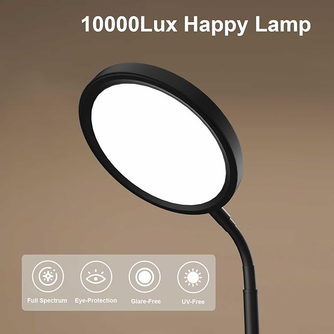 Light Therapy Lamp, UV-Free 10000 Lux Light Therapy Desk Lamp with 360° Gooseneck & 9 Brightness Happy Therapy Light for Lift Mood