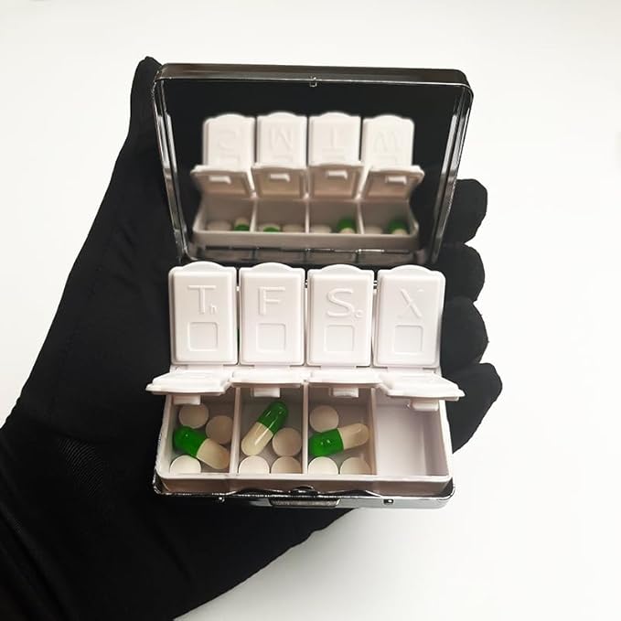 Black Butterfly 7 Days Chromed Shiny Silver Pill Organizer with Mirror Inside Has 8 Separate Compartments Rectangle 7 Days Pill Box Pill Case