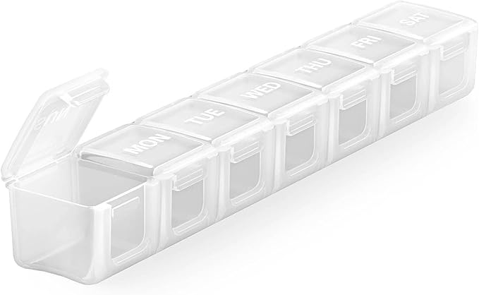 Sukuos Extra Large Weekly Pill Organizer, 7 Day Daily Pill Box Case Arthritis Friendly, Silkscreen Printed Medicine Container with Clear Lid for Vitamins, Fish Oils or Supplements (White)