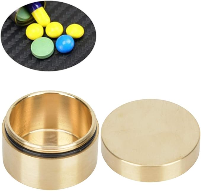 Alvinlite Portable Daily Pill Case, Brass Round Small Pill Box, Waterproof Metal Jewelry Pill Organizer Medicine Vitamin Holder Container with Lid for Outdoor Travel Working(M)