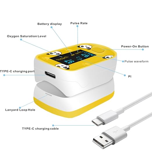 Children Digital Fingertip Pulse Oximeter Blood Oxygen Saturation Monitor with Adorable Animal Theme USB Rechargeable (fit for newborn/infant) For sports and aviation use only (blue)