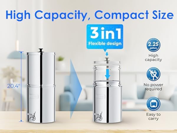 Waterdrop Gravity-fed Water Filter System, Reduces Lead and up to 99% of Chlorine, NSF/ANSI 42&372 Standard, with 2 Black Carbon Filters and Metal Spigot, King Tank Series, WD-TK-A