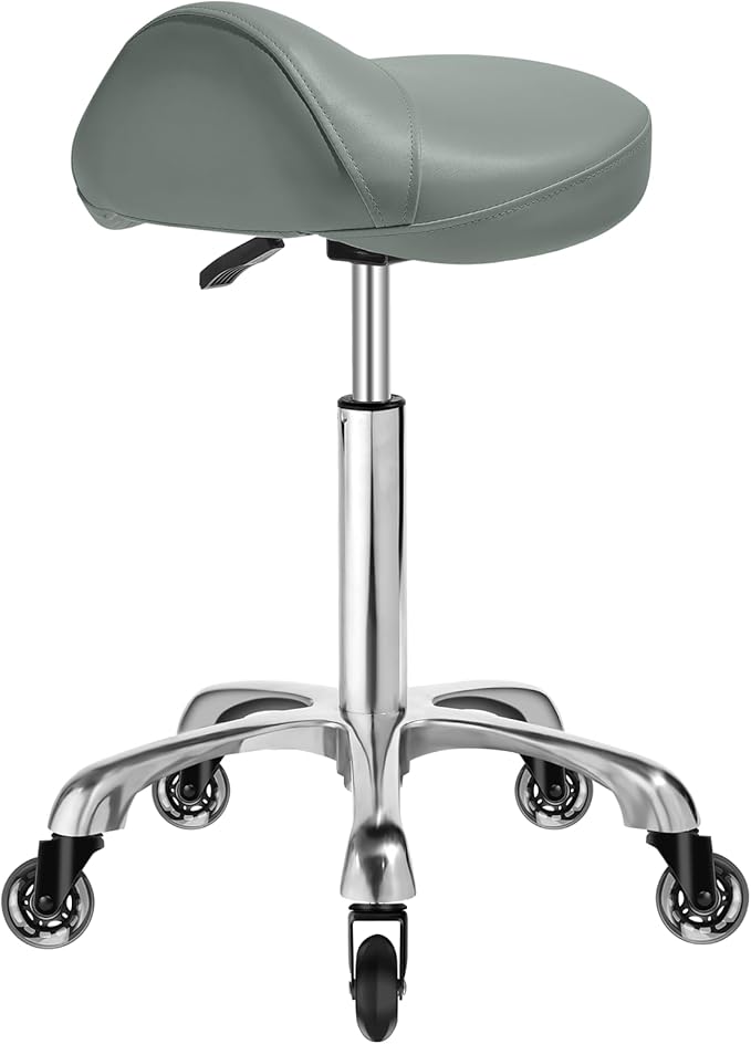 Saddle Stool with wheels Ergonomic - Heavy Duty 400lbs, Upgraded Thick Saddle Cushion, Healthy Posture Correction, Swivel Adjustable Rolling Saddle Stool, Saddle Chair for Salon Massage Home (Gray)