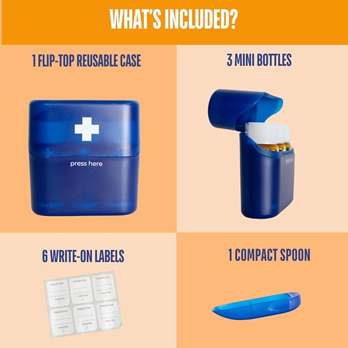 Allermates 3 Pack Mini Med Bottles with Hard Shell Travel Case - Blue 3 Pack