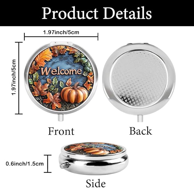 Portable Round 3 Compartment Metal Pill Box Fall Pumpkins Welcome for Kitchen Office Gathering Picnic