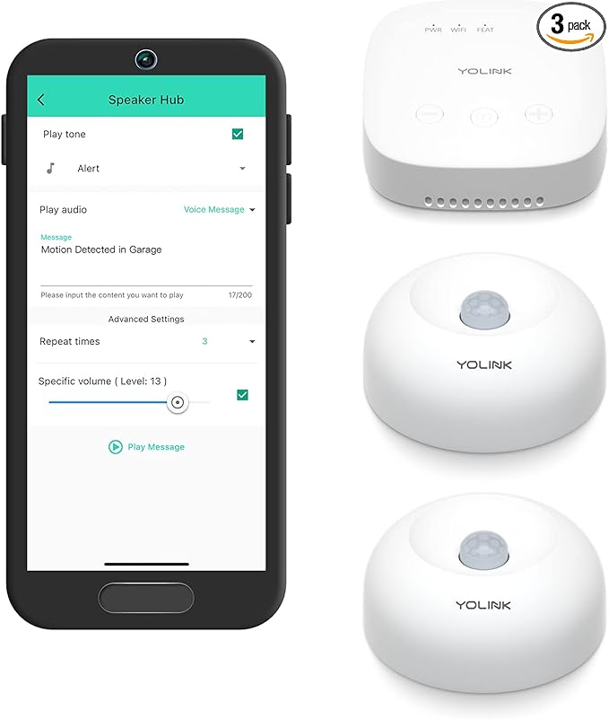 YoLink SpeakerHub & Two Motion Sensor Smart Home and Security Kit – Audio Hub Plays Tones/Sounds, Spoken Messages, LoRa-Powered ¼ Mile Range, WiFi Required