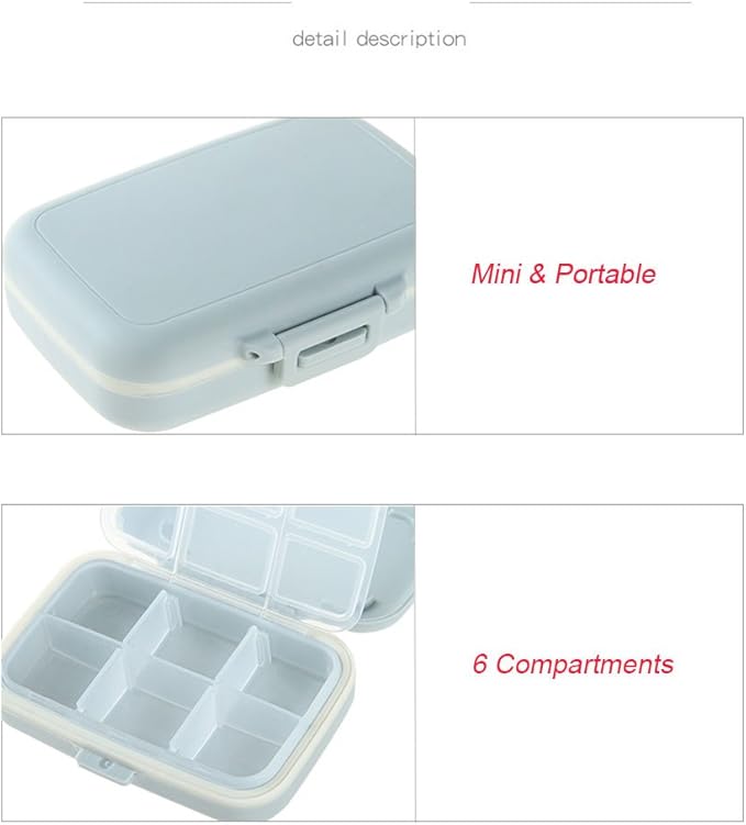 A-parts Pill Case Portable Waterproof Divided Vitamin Medicine Pill Box Tight Lock 6 Compartment for Daily Using, Color Blue