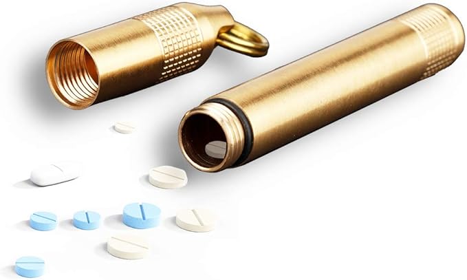 Mini Pill Case,Brass Pill Box,Portable Pill Box,Waterproof Pill Bottle with Key Ring Plus 3 Spare O-Ring,Small Medicine Holder Container for Outdoor Sports,Camping,Hiking and Traveling