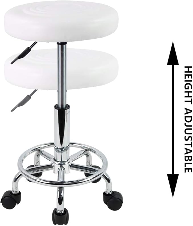 KKTONER PU Leather Modern Round Rolling Stool with Footrest Height Adjustable Spa Drafting Salon Tattoo Work Massage Stools Task Chair Small (White)