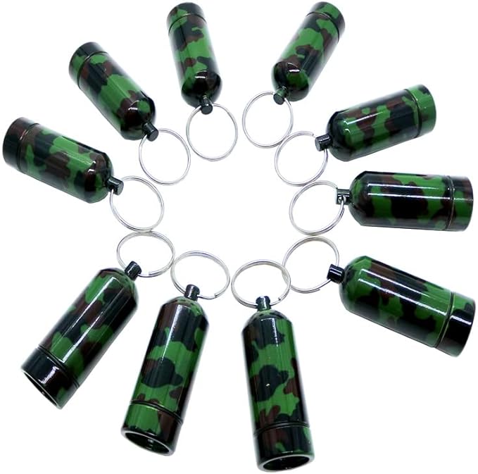 Artkingdome Set of 10 Metal Pill Box Cartridge Aluminum Alloy Cans Earplugs Outdoor Medicine Organizer Small First Aid Holder Pill Container Bottle Camouflage Keychain