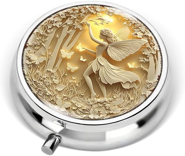 Portable Round 3 Compartment Metal Pill Box Enchanted Fairy & Butterflies Ideal for Kitchen Office Travel or Personal Use