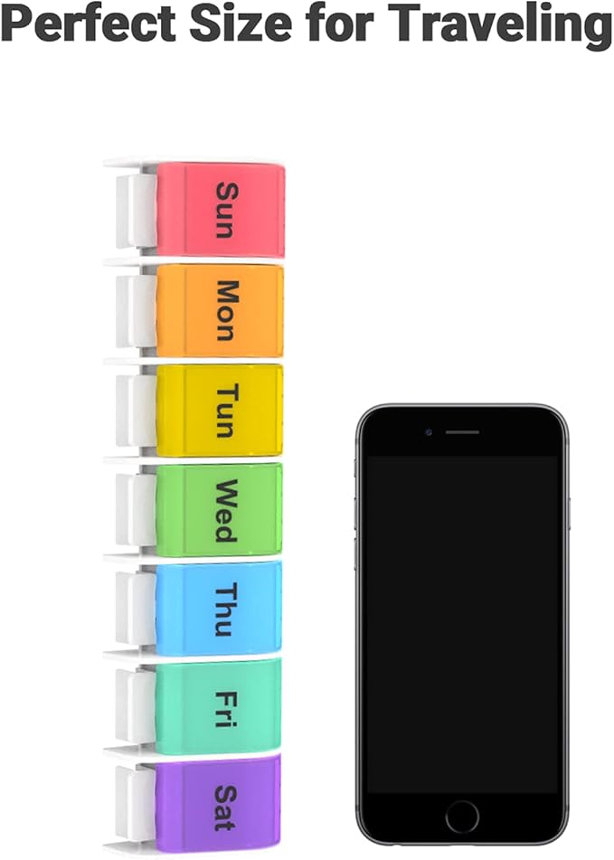 Weekly Pill Organizer 1 Time a Day - 7 Day Pill Box, Pill Holder with Easy Open Button, Daily Pill Cases Organizer, BPA Free Pill Container for Vitamin, Fish Oil (Multi-Color, 2-Pack)