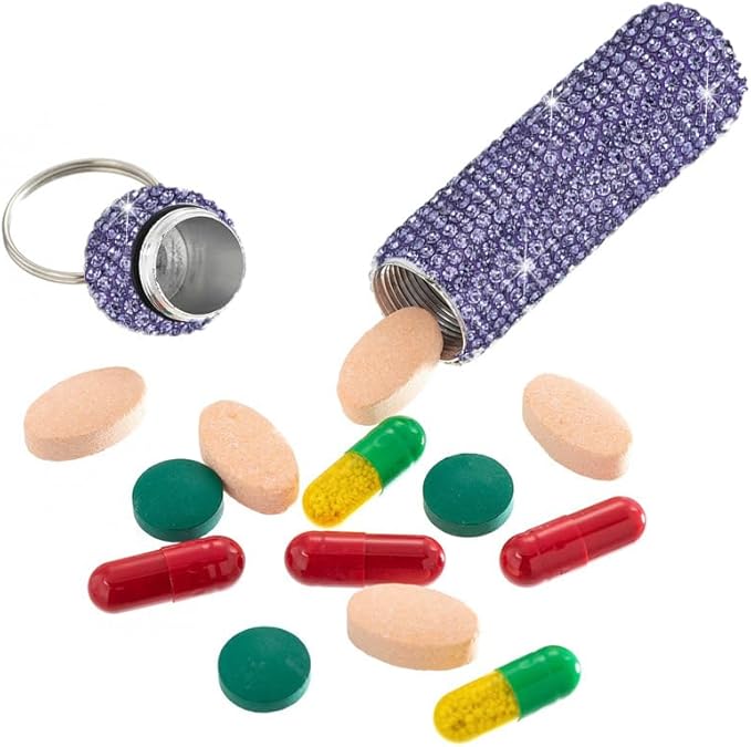Bling Rhinestone Pill Case Portable Waterproof Pocket Pill Holder Bottle Storage with Keychain for Travel, Outdoor, Camping (Purple)