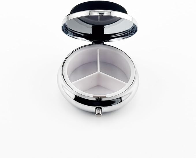 Portable Pill Organizer with AirTag Holder | Metal & Plastic Construction Case | Three Compartments Durable Case | Container Dispenser Holder for Medicine | Silver, Black - Travel Size