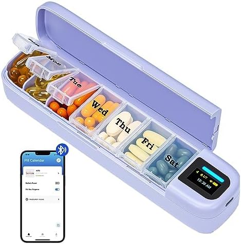Daviky Smart Pill Organizer with Alarm, Bluetooth Daily Once a Day Pill Box 7 Day with APP, Weekly Travel Pill Case, Portable Pill Reminder for Medicines, Supplements and Vitamins(Purple)