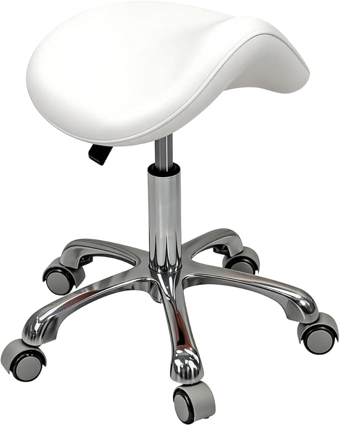 Saddle Stool Rolling Chair for Medical Massage Salon Kitchen Spa Drafting,Adjustable Hydraulic Stool with Wheels (White, Without Backrest)