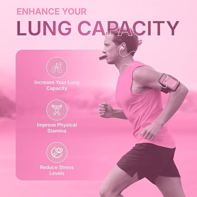 Portable Compact Lung Trainer Exercise Device with High Grade Silicone, Breathing Exercise Device for Lungs, Portable Muscle Trainer, Easy to Clean, Neck Strap Included, (Pink-1)