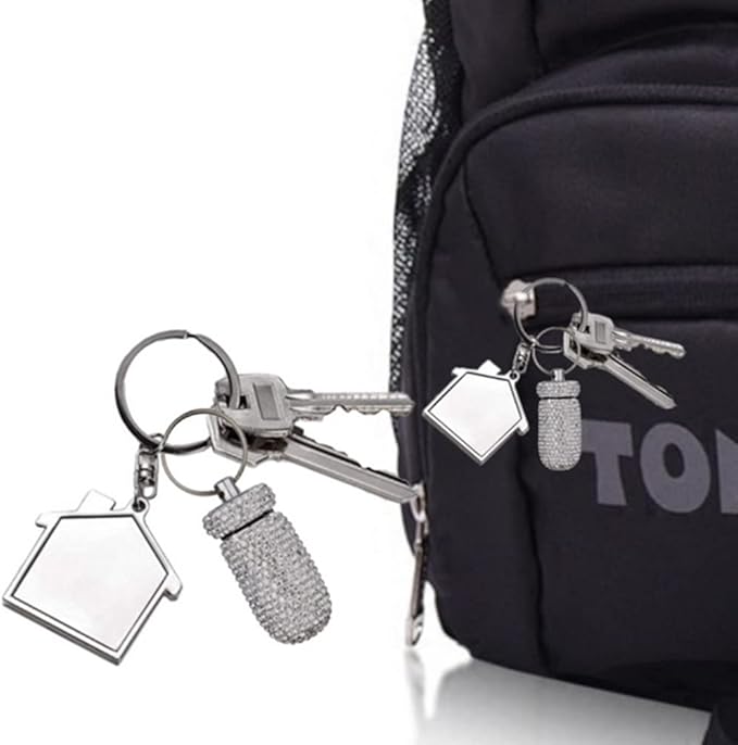 2 Pack Bling Crystal Rhinestones Waterproof Pocket Keychain Pill Holder，Portable Mini Aluminium Alloy Pill Organizer Case Container to Hold Vitamins for Outdoor Camping Travel（Silver,Pink）