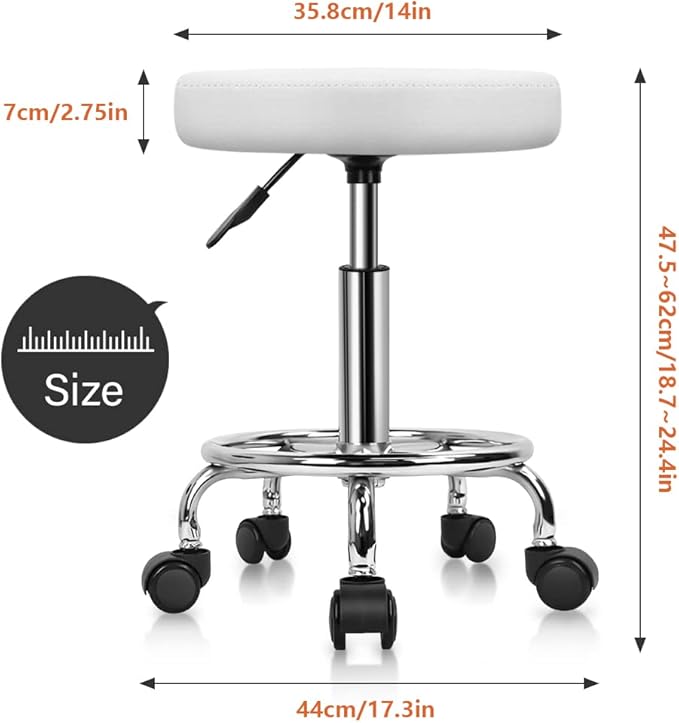 KKTONER PU Leather Round Rolling Stool with Foot Rest Swivel Height Adjustment Spa Drafting Salon Tattoo Work Office Massage Stools Task Chair Cushion 14 inches (White)