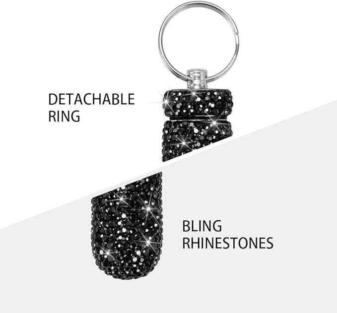 Portable Pill Case Pill Container Waterproof Pill Holder with Keychain Bling Pill Box Medicine Dispenser Bottle Storage for Outdoor Camping Travel (Black)