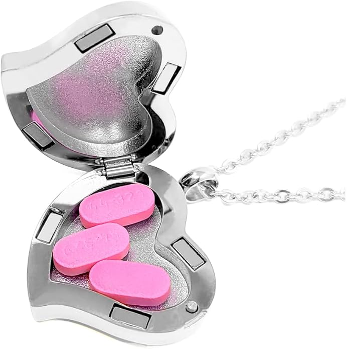 Amour Heart Pill Necklace - Polished Heart Locket with Strong Magnetic Closure - Medication Necklace - Keep Your Medication Securely with You at All Times - 26 Inch Chain