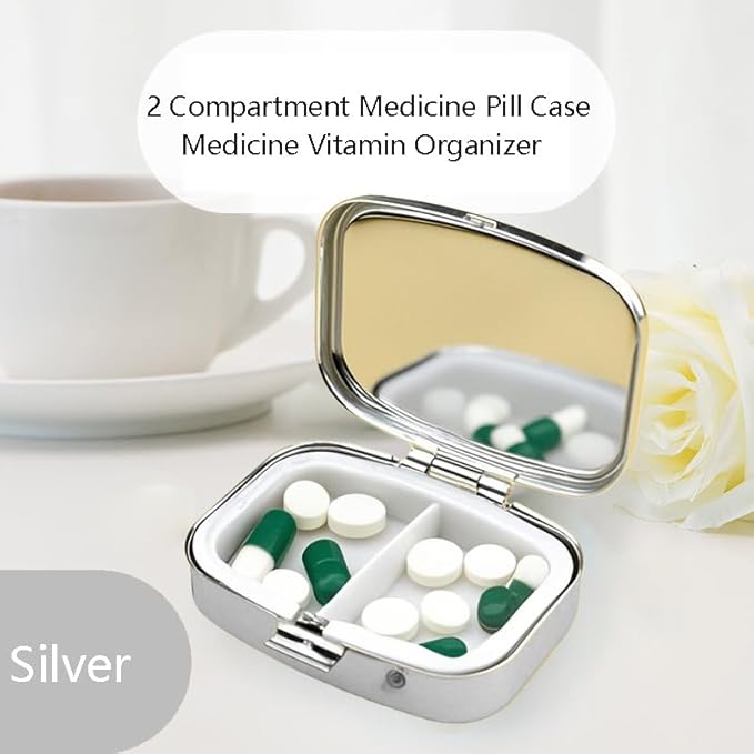 2 Compartment Pill Organizer Metal Portable Pill Box 2 Times a Day for Vitamin,Supplements 80s Retro Radio(Radio02)