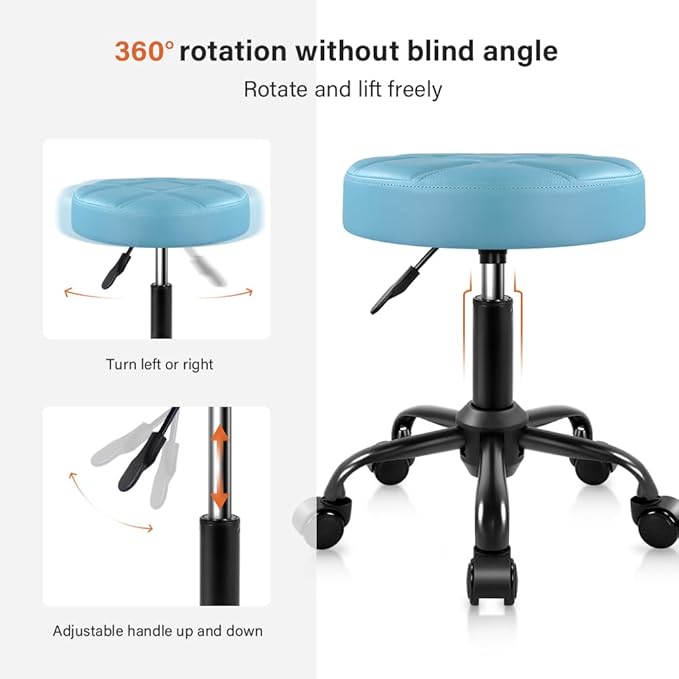 KKTONER Rolling Stool Chair PU Leather Height Adjustable Round Stool with Wheels Chair for Salon Spa Drafting Small Sky Blue