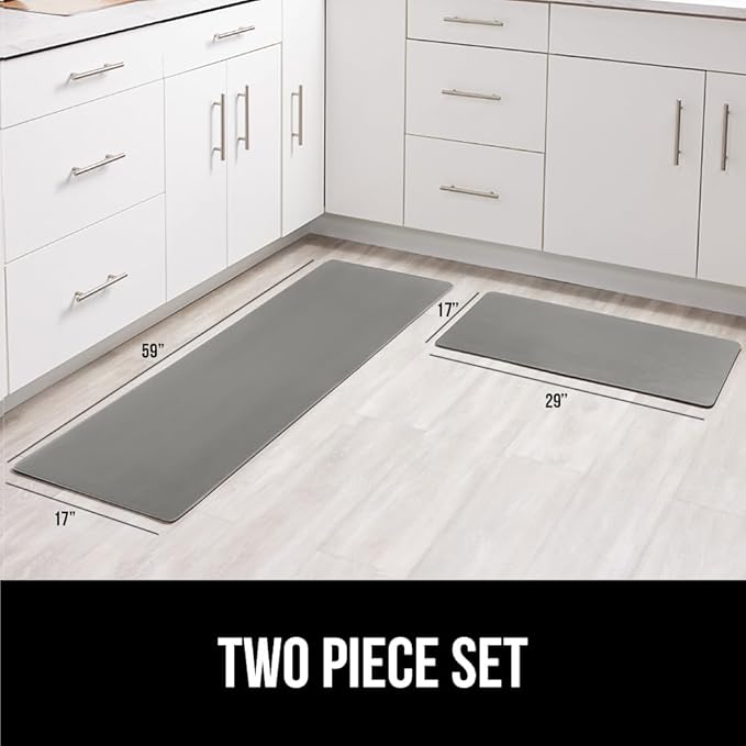 GORILLA GRIP 2 Pack Comfortable Cushioned Kitchen Mats for Floor, 17x29 + 17x59, Waterproof and Stain Resistant, 1/2 Inch Thick Soft Ergonomic Standing Desk Anti Fatigue Mat, Foam Supports Feet, Grey
