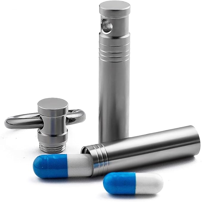 TISUR Small Keychain Pill Holder ，Titanium Metal Travel Pill Case Portable Pill Organizer Container for Purse Waterproof Keychain Pill Holder Medicine Bottle
