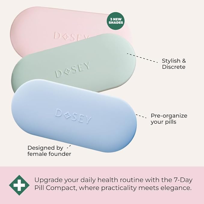 Dosey 7 Day Pill Compact Travel Pill Organizer - Pill Case with 7 Pill Compartments for Medicine Storage & Protection – Stylish & Elegant Medication Organizer with Mirror (Blue)