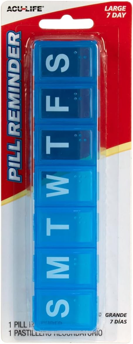 Acu-Life Weekly (7-Day) Pill Case, Medicine Planner, Vitamin Organizer Box, Large Compartments, Convenient and Easy to Use, Color May Vary, BPA Free