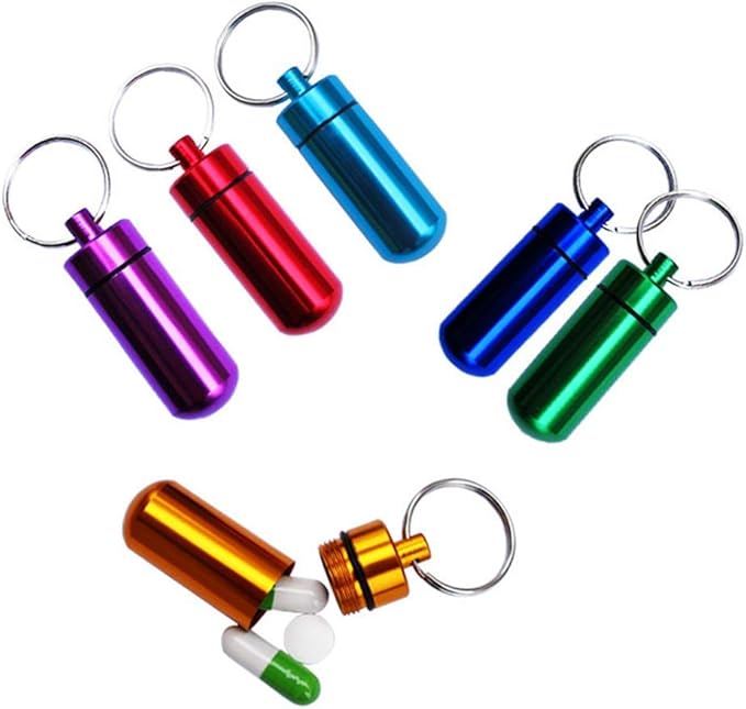 Purple Pill Organizer Mini Pill Box, Metal Pill Box Emergency Medicine Drug Box Tank with Keychain Case Stainless Steel for Outdoor Travel Waterproof Case Outdoor Camping Hiking Traveling