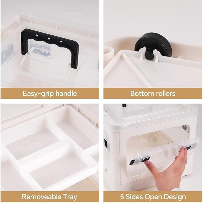 22qt Medicine Organizer Storage Box with 4-Side Opening Doors, 2 Tier Foldable Medication Organizer Empty, White Medicine Container Case Stackable First Aid Box for Home Medical Supply Storage