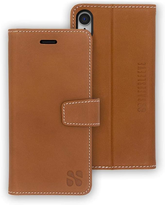 SafeSleeve Wallet Leather Case for iPhone XR EMF Blocker for Cell Phone with 3 Card Holder & Adjustable Stand – Magnetic Closure, and Magnetic Folio Protection for Daily Use (Leather)