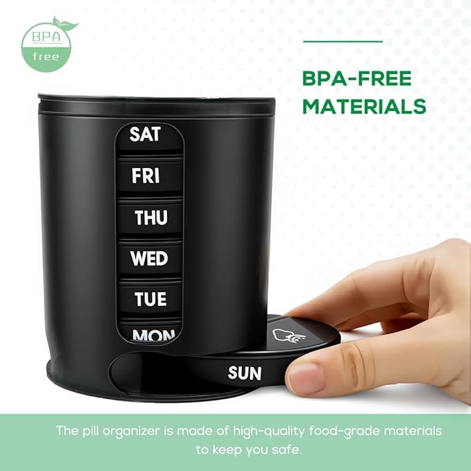 Weekly Pill Organizer (Twice-A-Day), Portable 7 Day Pill Box Case with Stackable AM/PM Compartments for Pills, Vitamin, Fish Oil, Supplements,Rainbow (Black)