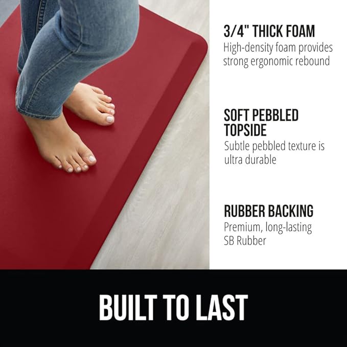 GORILLA GRIP Comfortable Cushioned Kitchen Mats for Floor, Waterproof and Stain Resistant Soft Top, 3/4 Inch Thick Ergonomic Standing Desk Anti Fatigue Mat, Foam Supports Ankles and Feet, 20x32, Red