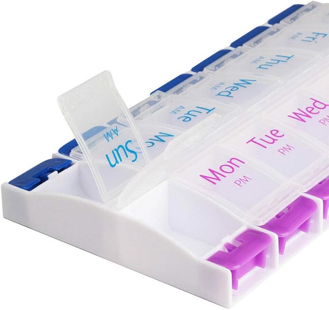 Pill Organizer 7 Day, Pill Box 2 Times a Day AM PM Pill Case, Weekly Pill Container Portable Travel Medicine Box for Vitamins and Supplements (Blue-Purple)