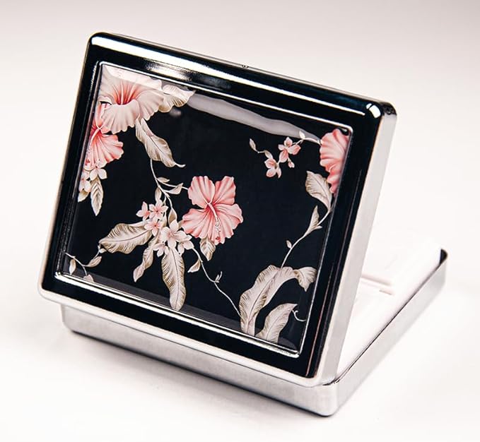 Vintage Flower 7 Days Chromed Shiny Silver Pill Organizer with Mirror Inside Has 8 Separate Compartments Rectangle 7 Days Pill Box Pill Case