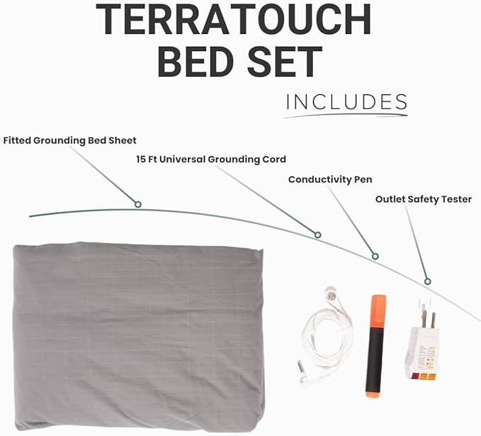 Organic Grounding Bed Sheet Kit – Fitted Earthing Sheet (95% Cotton, 5% Silver Fiber) with 15ft Cord, Safety Outlet Tester & Conductivity Pen – by TerraTouch (Lunar Gray, King)
