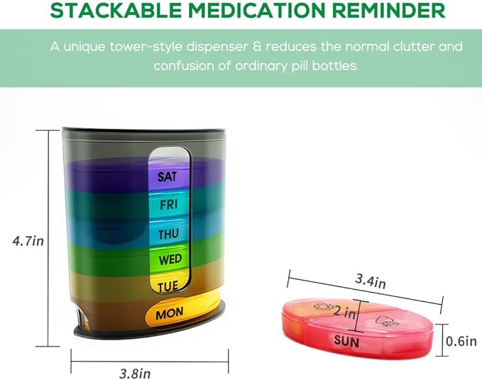 Weekly Pill Organizer (Twice-A-Day), Portable 7 Day Pill Box Case with Stackable AM/PM Compartments for Pills, Vitamin, Fish Oil, Supplements,Rainbow (Rainbow)