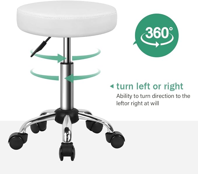 FURWOO Adjustable Salon Chair Small Rolling Stool with Wheels for Spa Salon Massage Home Office White