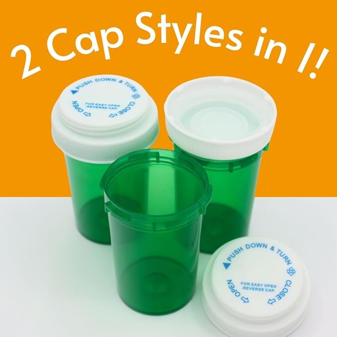 Five Star Supplies Plastic Pill Bottles - Reversible Cap Easy Open & Child Resistant - Pill Container Prescription Vial - Easy Open/Push N Turn (Green, 8 DRAM 400 ct.)