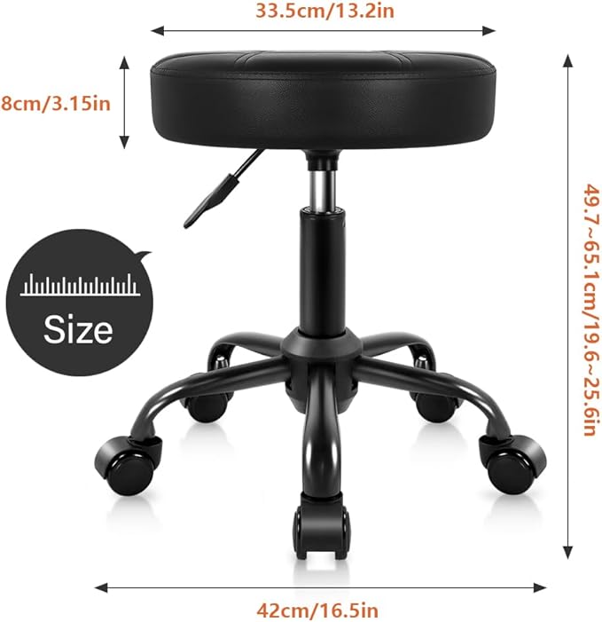 KKTONER Rolling Stool Chair PU Leather Height Adjustable Round Stool with Wheels Chair for Salon Spa Drafting Small (Black)