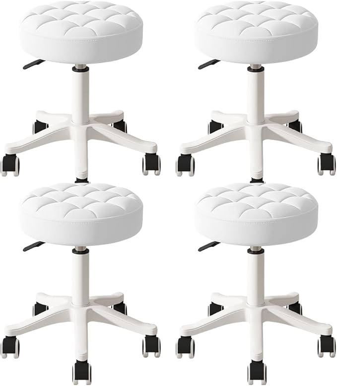 Small Rolling Stool with Wheels, PU Leather Height Adjustable Vanity Work Task Stool, 360 Swivel, Padded Seat Cushion,for Salon, Home, Office