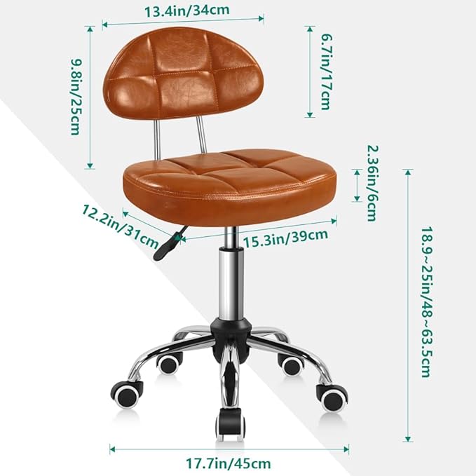 Square Minimalist Swivel Stool with Wheel for Work SPA Shop Massage Height-Adjustable and Cost-Effective Rolling Stool Chair with Back (Orange-Brown)