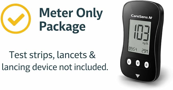 CareSens N Blood Glucose Monitoring Meter (Auto Coding) - 1 Diabetes Blood Glucose Meter, 1 User Guide, 1 Quick Reference guide, 1 Case & 2 CR 2032 Batteries