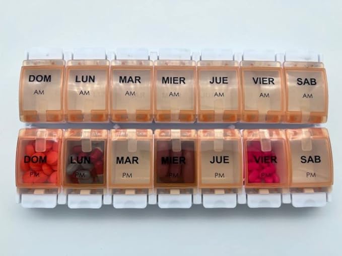 Healthaccessories Spanish Pill Box 7 Day Twice-a Day AM PM Weekly Pill Planner Organizer - Large Compartment Pill Boxes Store medications for Entire Week. Easy See Through. (Orange). para un semana.