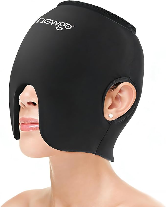 NEWGO Migraine Headache Relief Cap, Soft Head Ice Pack Wrap Migraine Gel Ice Cap with Full Coverage and Ear Outcuts for Tension Headaches