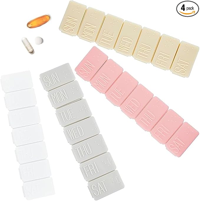 4Pack Weekly Pill Organizer,Small 7 Days Pill Cases Travel Daily Pill Box for Fish Oil, Calcium Tablets Supplements and Other Vitamin Pill