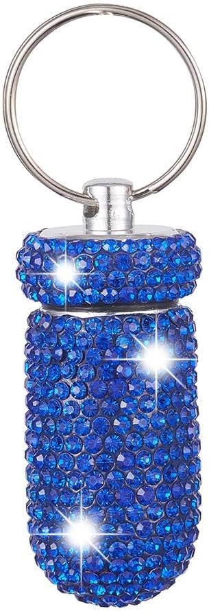 XhuangTech Waterproof Keychain Pill Box Bling Round Medicine Organizer Holder Container Aluminum Portable Mini Bottle Storage Case for Outdoor Travel Camping Purse Pocket (Deep Blue)
